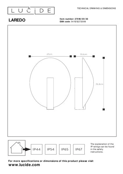 Lucide LAREDO - Applique murale Intérieur/Extérieur - LED - 1x9W 2700K - IP54 - Noir - technique